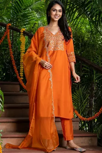 Orange silk emboridered kurta and pant and dupatta