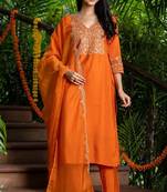 Orange silk embroidered kurta and pant and dupatta