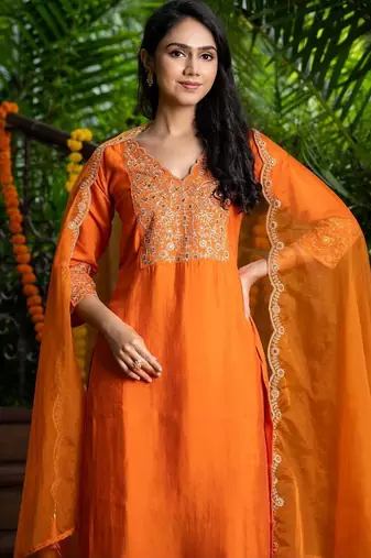 Orange silk embroidered kurta and pant and dupatta