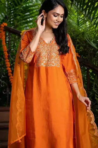 Orange silk embroidered kurta and pant and dupatta