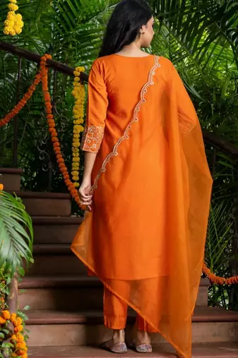 Orange silk embroidered kurta and pant and dupatta