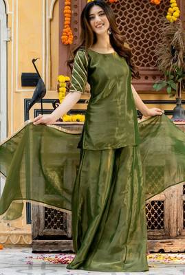 Green tissue lace work kurta and palazzoand dupata 1
