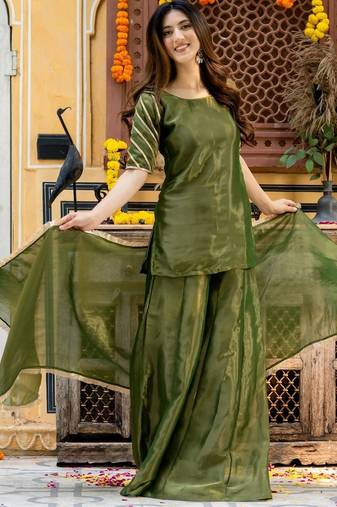 Green tissue lace work kurta and plazoo and dupata