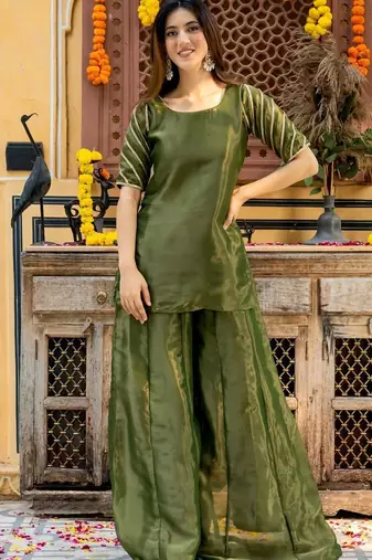Green tissue lace work kurta and palazzoand dupata