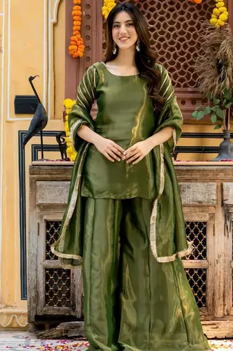 Green tissue lace work kurta and palazzoand dupata
