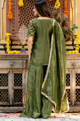 Green tissue lace work kurta and palazzoand dupata