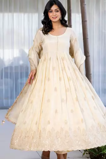 Off white anarkali with gloden emboridered tissue anarkali and pant and dupatta