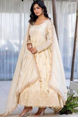 Off white anarkali with gloden emboridered tissue anarkali and pant and dupatta 2
