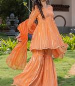 Orange viscose lace work kurta and sharara and dupatta set