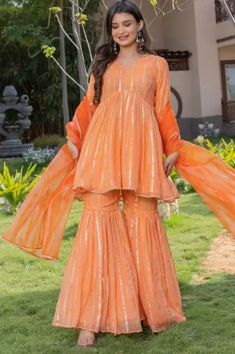 Orange viscose lace work kurta and sharara and dupatta set