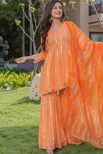 Orange viscose lace work kurta and sharara and dupatta set