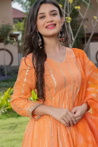 Orange viscose lace work kurta and sharara and dupatta set