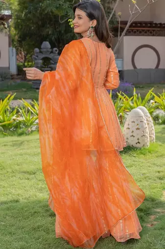 Orange viscose lace work kurta and sharara and dupatta set