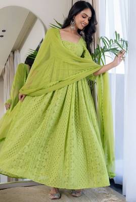 Green chikankari emboridered anarkali and pant and dupatta 2