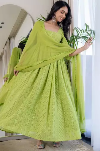 Green chikankari emboridered anarkali and pant and dupatta