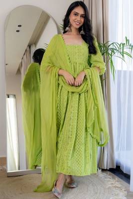 Green chikankari emboridered anarkali and pant and dupatta 1