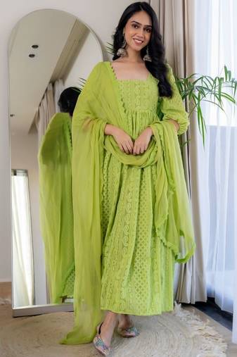 Green chikankari emboridered anarkali and pant and dupatta