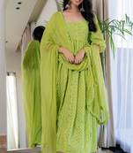 Green chikankari emboridered anarkali and pant and dupatta