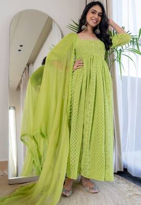 Green chikankari emboridered anarkali and pant and dupatta 3
