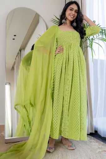 Green chikankari emboridered anarkali and pant and dupatta