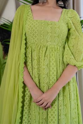 Green chikankari emboridered anarkali and pant and dupatta 4