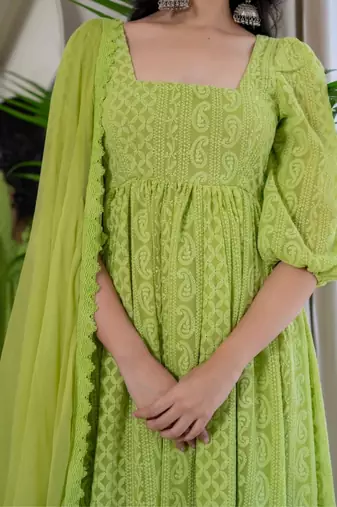 Green chikankari emboridered anarkali and pant and dupatta