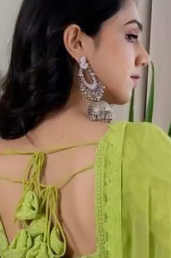 Green chikankari emboridered anarkali and pant and dupatta