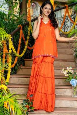 orange uppada silk kurta with sharara and pink dupatta 2