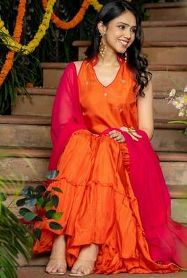 orange uppada silk kurta with sharara and pink dupatta 3