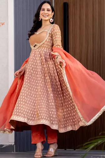 Brown and orange silk lace work anarkali and pant and dupatta