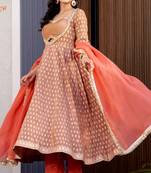 Brown and orange silk lace work anarkali and pant and dupatta