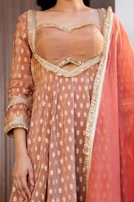 Brown and orange silk lace work anarkali and pant and dupatta 3