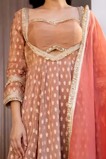 Brown and orange silk lace work anarkali and pant and dupatta