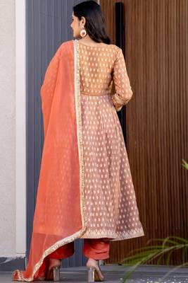 Brown and orange silk lace work anarkali and pant and dupatta 4