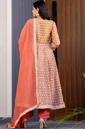 Brown and orange silk lace work anarkali and pant and dupatta