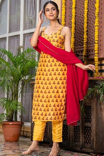 Yellow upada silk printed kurta and pant and red dupatta