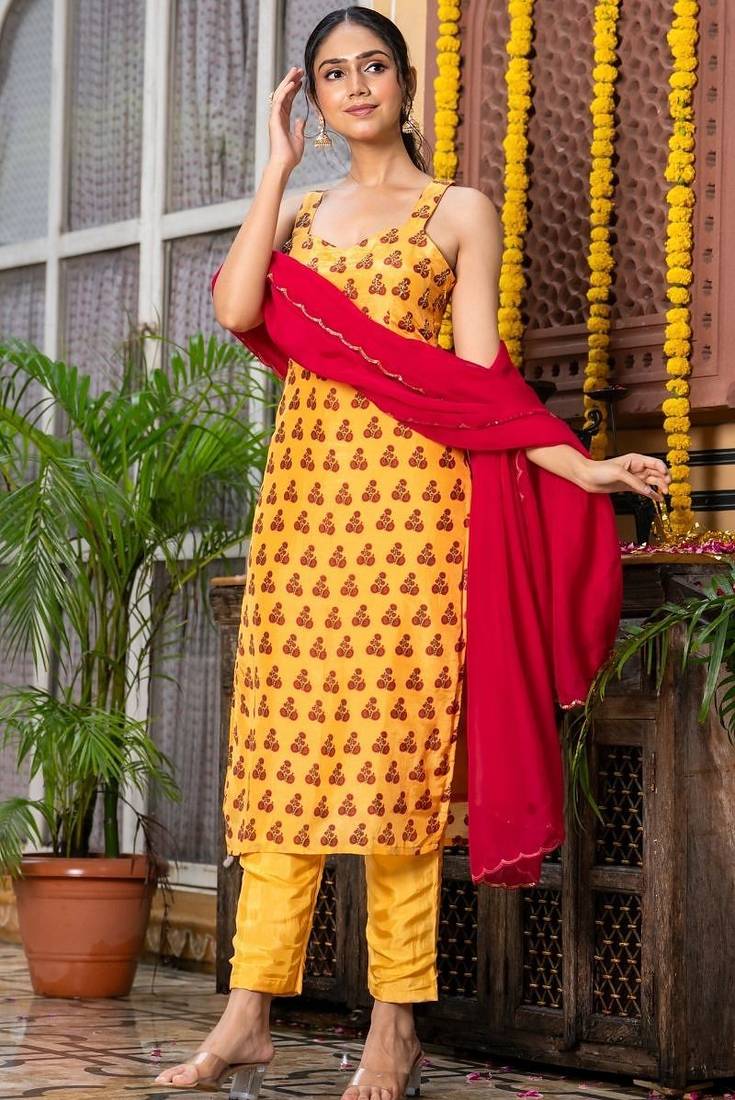 Yellow upada silk printed kurta and pant and red dupatta