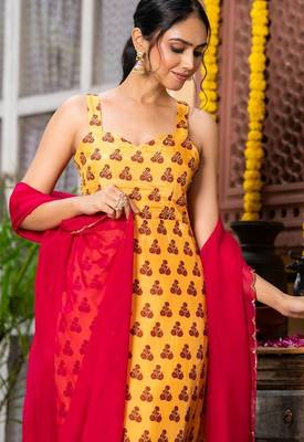Yellow upada silk printed kurta and pant with red dupatta 2