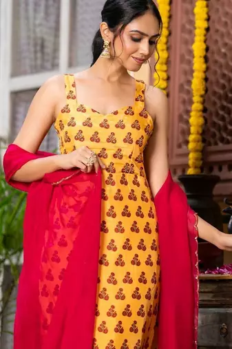 Yellow upada silk printed kurta and pant with red dupatta