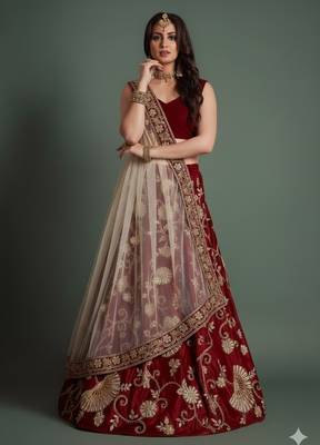 Maroon Zari And Sequins Embroidered Semi Velvet Semi Stitched Lehenga Choli For Wedding 1