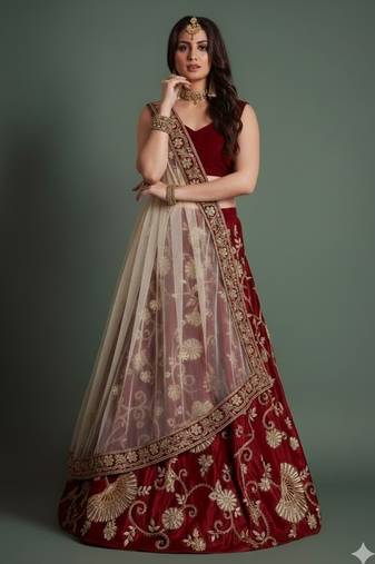Maroon Zari And Sequins Embroidered Semi Velvet Semi Stitched Lehenga Choli For Wedding