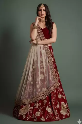 Maroon Zari And Sequins Embroidered Semi Velvet Semi Stitched Lehenga Choli For Wedding