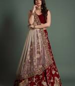 Maroon Zari And Sequins Embroidered Semi Velvet Semi Stitched Lehenga Choli For Wedding