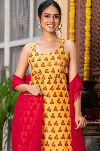 Yellow upada silk printed kurta and pant with red dupatta