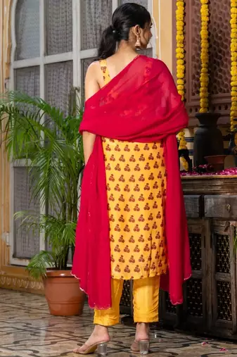 Yellow upada silk printed kurta and pant with red dupatta