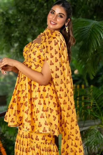 Yellow organza printed kurta and sharara with dupatta