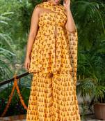 Yellow organza printed kurta and sharara and dupatta