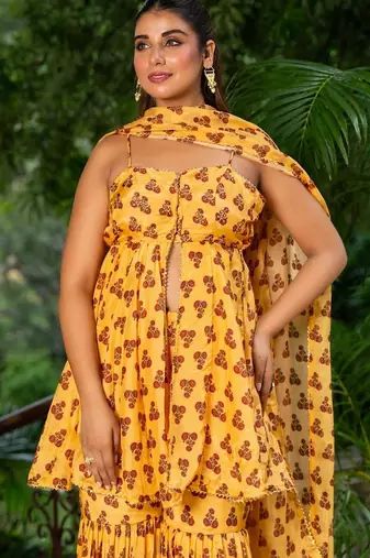 Yellow organza printed kurta and sharara with dupatta