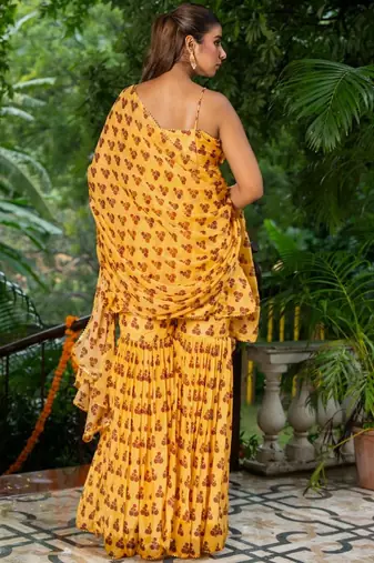 Yellow organza printed kurta and sharara with dupatta