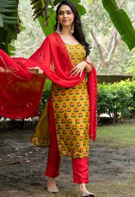Green upada silk printed and pink upada silk pant and pink organza dupatta 1